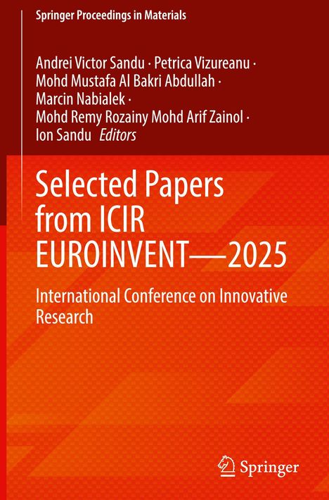 "Selected Papers from ICIR EUROINVENT 2025", Konferenz über innovative Forschung, roter und orangefarbener Hintergrund.