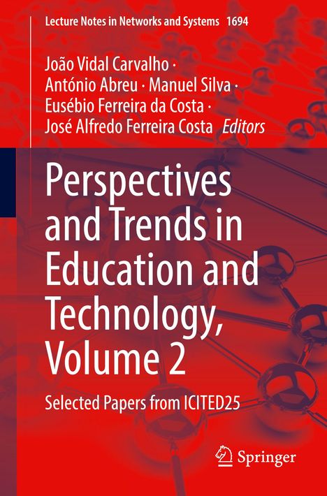 Texts: "Perspectives and Trends in Education and Technology, Volume 2". Background: Rotes, wissenschaftliches Muster.