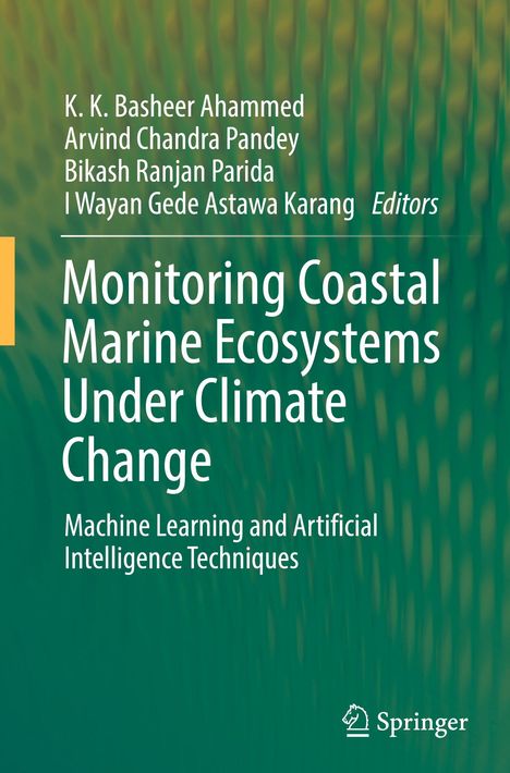 Buchtitel: "Monitoring Coastal Marine Ecosystems Under Climate Change". Hintergrund: Grüner Verlauf, Springer-Logo.