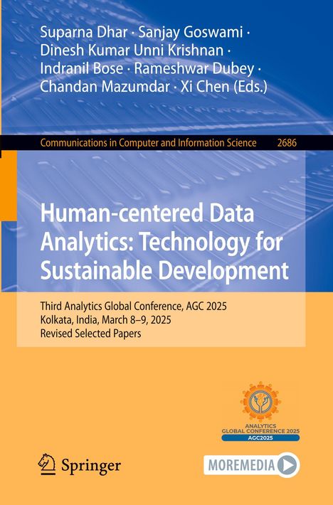 Titel: "Human-centered Data Analytics: Technology for Sustainable Development." Autoren: Suparna Dhar u. a. Konferenzdetails: AGC 2025, Kolkata, März 8–9. Unten Springer-Logo und Konferenz-Logo.