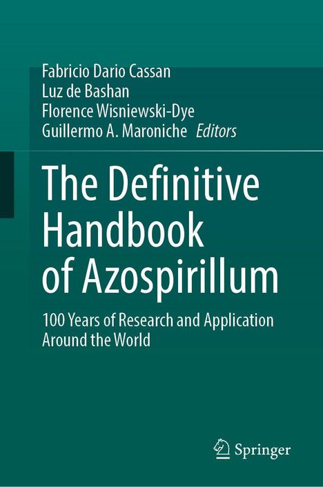 "The Definitive Handbook of Azospirillum: 100 Years of Research and Application Around the World" steht in weißem Text.