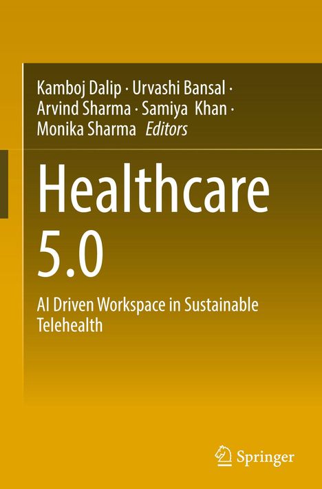 „Healthcare 5.0: AI Driven Workspace in Sustainable Telehealth“, herausgegeben von mehreren Autoren. Springer-Logo unten.