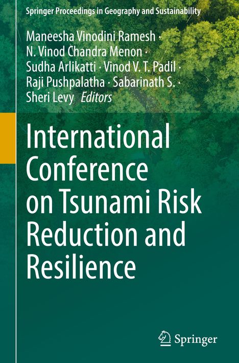 Titel: International Conference on Tsunami Risk Reduction and Resilience. Hintergrund: Dichte, grüne Waldlandschaft.