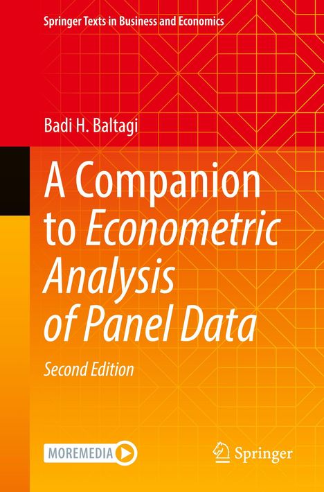 Buchcover in Orange und Rot, Titel "A Companion to Econometric Analysis of Panel Data", Autor Badi H. Baltagi.