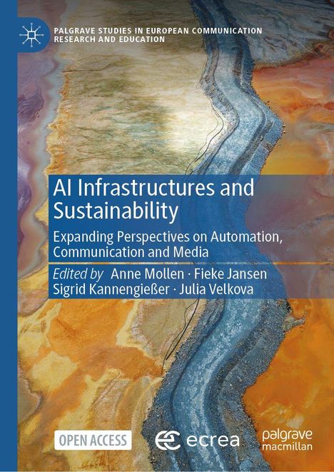 "AI Infrastructures and Sustainability" steht über einer farbenfrohen abstrakten Illustration in Erdtönen.