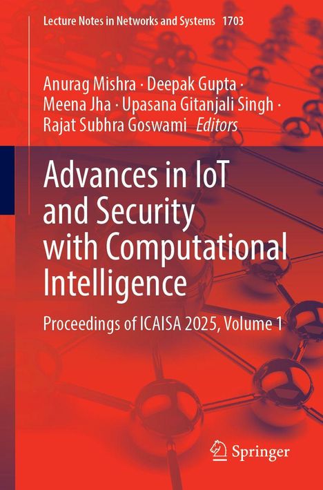 Titel: Advances in IoT and Security with Computational Intelligence. Hintergrund: Abstrakte Molekülstruktur in Rot.