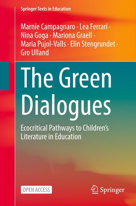 "The Green Dialogues: Ecocritical Pathways to Children's Literature in Education". Autoren: Marnie Campagnaro et al. Orange- und Grüntöne.