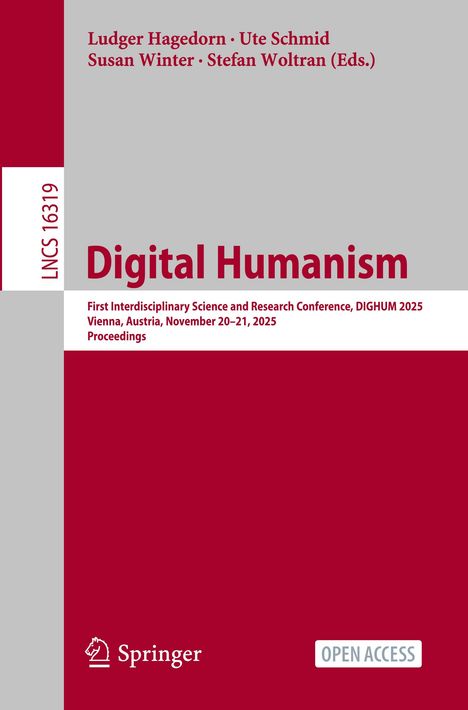 Titel: Digital Humanism. Konferenz: DIGHUM 2025 in Wien. Herausgeber: Hagedorn, Schmid, Winter, Woltran. Springer-Logo.