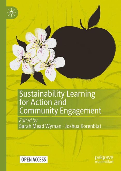 Titel: "Sustainability Learning for Action and Community Engagement". Schwarzer Apfel und weiße Blumen auf grünem Hintergrund.