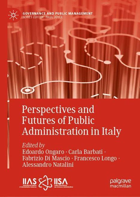 "Perspectives and Futures of Public Administration in Italy" vor rotem Hintergrund mit abstrakten Linien und Logos unten.