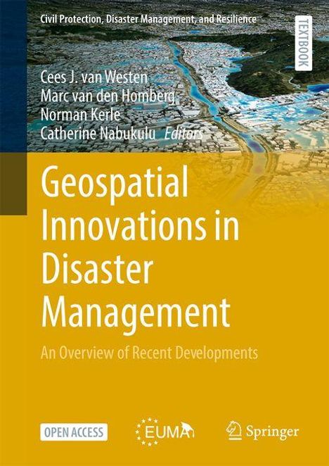 "Geospatial Innovations in Disaster Management" in weißen Buchstaben auf gelbem Hintergrund, darüber Autoren, unten Logos.