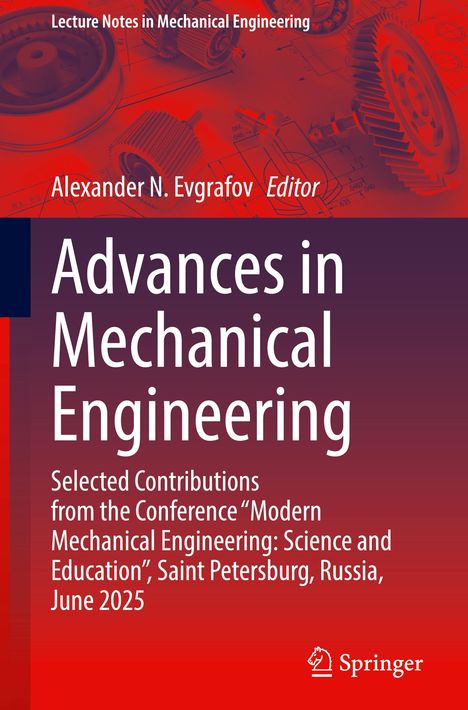 „Advances in Mechanical Engineering“; Beitrag zur Konferenz in St. Petersburg, Juni 2025. Zahnrad-Hintergrund. Springer-Logo.