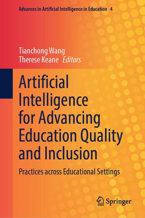 "Artificial Intelligence for Advancing Education Quality and Inclusion" vor orange-rotem Hintergrund mit Punkten. Springer-Logo.