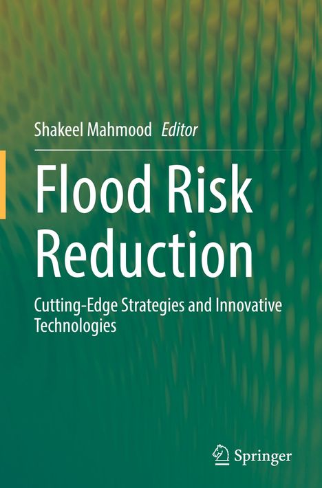 "Flood Risk Reduction: Cutting-Edge Strategies and Innovative Technologies." Grüner Hintergrund mit wellenförmigem Muster.