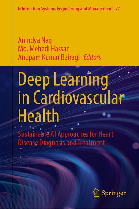 "Deep Learning in Cardiovascular Health" ist gelb und violett mit geschwungenen Linien und dem Logo von Springer.