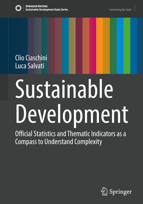 Titel: "Sustainable Development"; Autoren: Clio Ciaschini, Luca Salvati. Bunte vertikale Streifen links. Logo unten rechts.