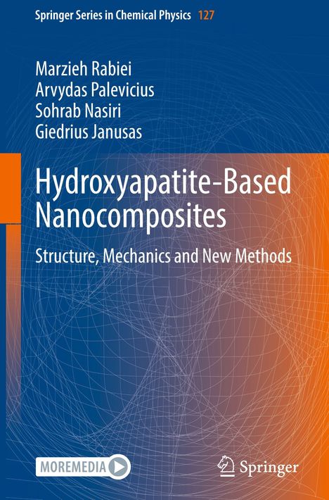 Buchtitel: "Hydroxyapatite-Based Nanocomposites: Structure, Mechanics and New Methods." Blaue und orange abstrakte Linien.
