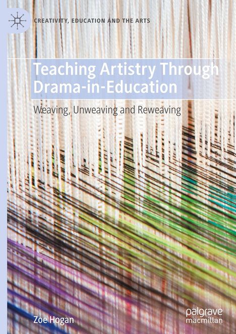 "Teaching Artistry Through Drama-in-Education" über bunten Fäden. Oben links ein Stern-Logo. Rechteckige Formen.