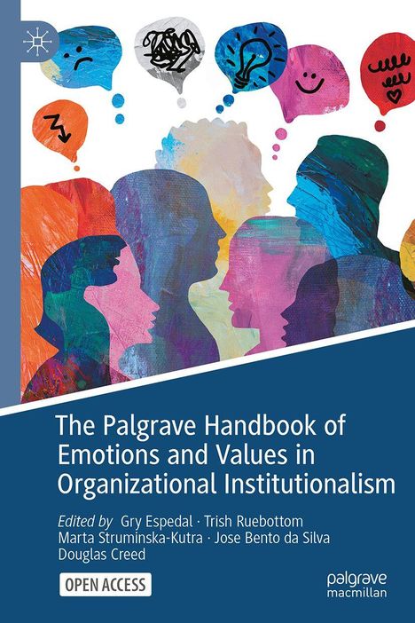 "The Palgrave Handbook of Emotions and Values". Bunte Silhouetten und Sprechblasen mit verschiedenen Symbolen und Gesichtern.