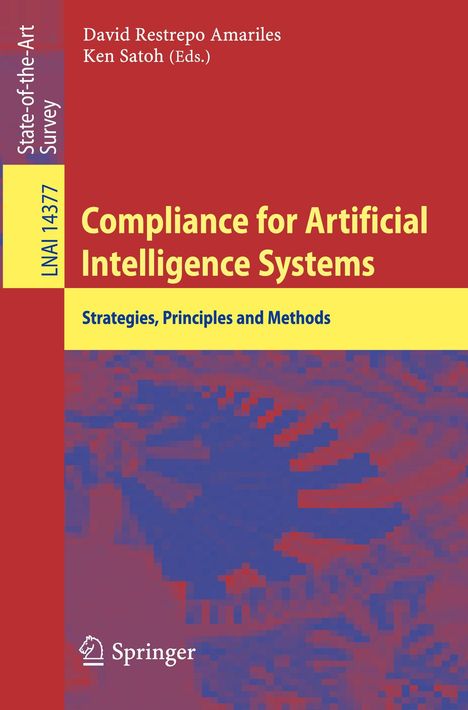 Cover: Titel "Compliance for Artificial Intelligence Systems" in Gelb auf Rot mit abstrakter blauer Grafik.