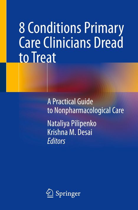 "8 Conditions Primary Care Clinicians Dread to Treat. A Practical Guide to Nonpharmacological Care." Bunte abstrakte Grafik.