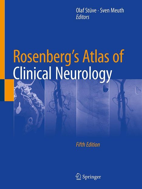 "Rosenberg’s Atlas of Clinical Neurology, Fifth Edition" steht prominent in Orange und Weiß. Bilder von Gefäßen sind sichtbar.