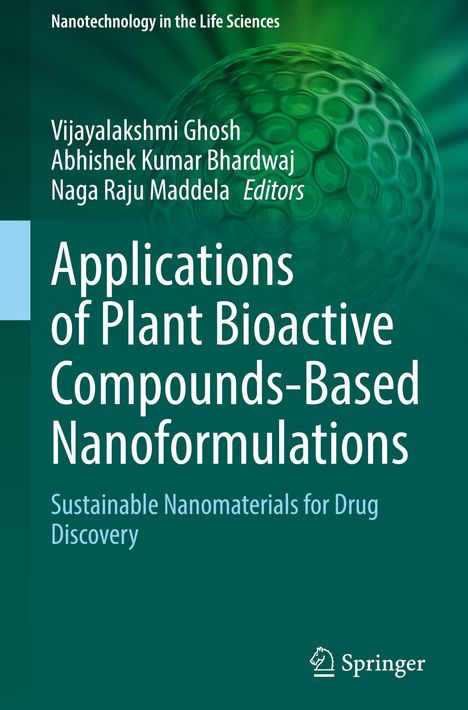 Buchcover mit Titel "Applications of Plant Bioactive Compounds-Based Nanoformulations", grüne abstrakte Struktur im Hintergrund.