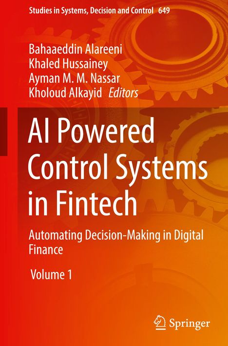 Titel: "AI Powered Control Systems in Fintech". Hintergrund: Abstrakte Zahnräder, warmes Orange-Rot.