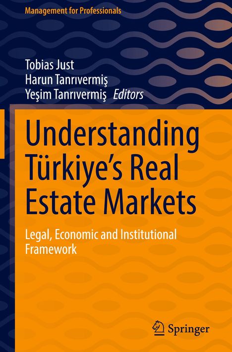 Oben: "Management for Professionals". Mittig: "Understanding Türkiye's Real Estate Markets". Unten: Springer-Logo. Hintergrund in Blau und Orange.