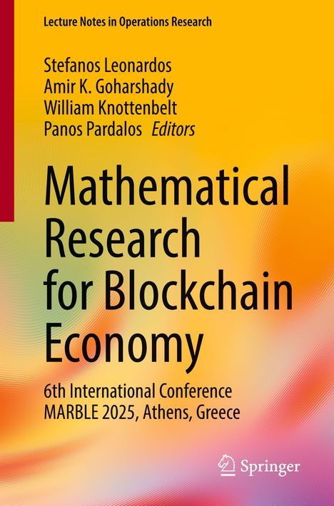 "Mathematical Research for Blockchain Economy" mit Editoren und Konferenzdetails. Farbverlauf in Gelb und Orange.