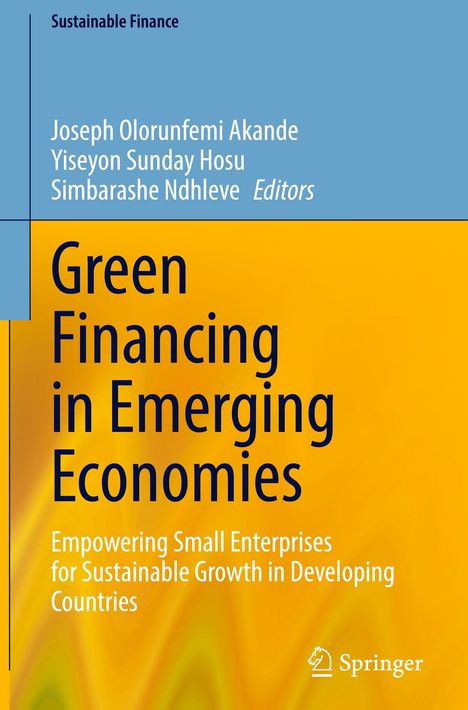 Cover mit Text: "Green Financing in Emerging Economies." Ein Logo von Springer unten rechts. Hintergrund in Blau und Gelb.