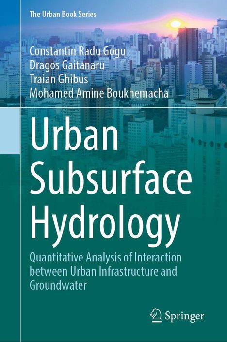 „Urban Subsurface Hydrology“ ist in großen Buchstaben prominent. Stadtbild mit Hochhäusern im Hintergrund bei Sonnenuntergang.