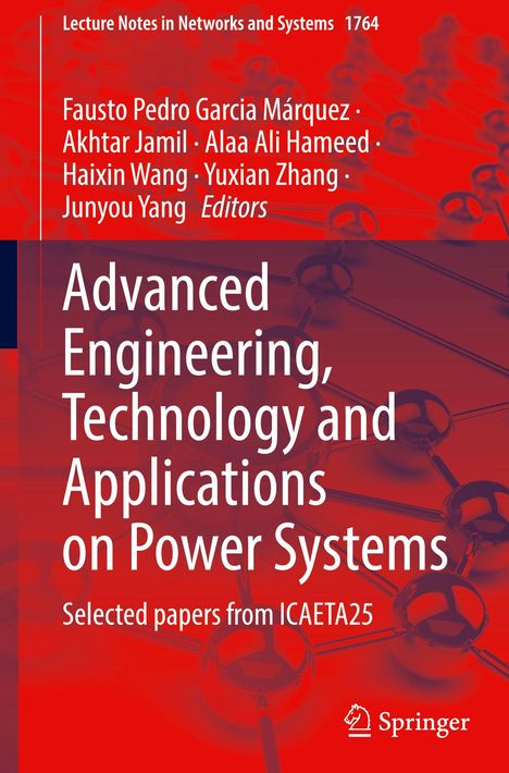 Titel: Advanced Engineering, Technology and Applications on Power Systems. Hintergrund aus roten und schwarzen Molekülen.