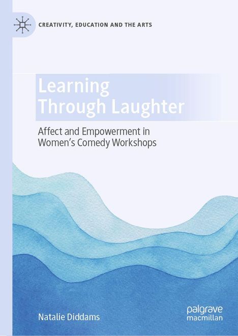 "Learning Through Laughter" und "Natalie Diddams" in großen Lettern. Aquarellartige, blaue Wellen im Hintergrund.