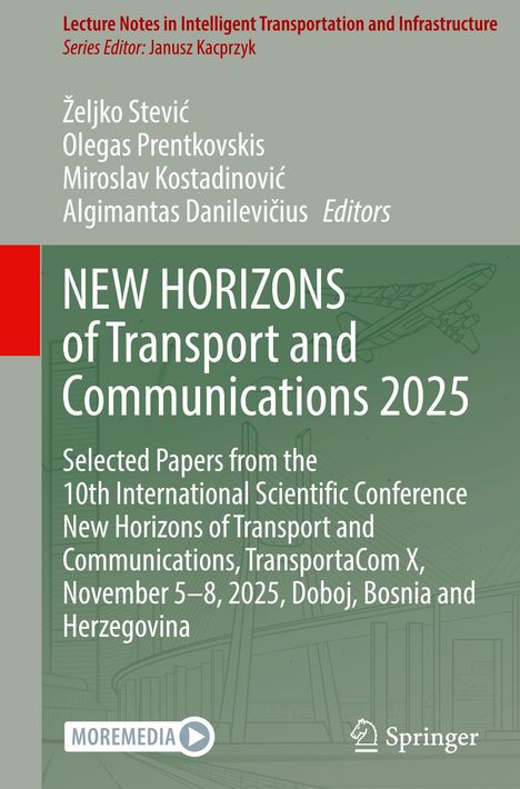 "NEW HORIZONS of Transport and Communications 2025." Illustration eines Flugzeugs und einer Brücke im Hintergrund.
