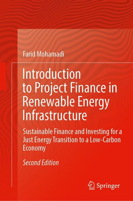 Text: "Introduction to Project Finance in Renewable Energy Infrastructure" von Farid Mohamadi. Roter Hintergrund mit Muster.