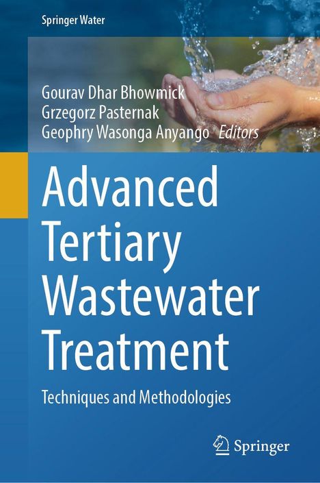 Titel: "Advanced Tertiary Wastewater Treatment: Techniques and Methodologies". Hände fangen strömendes Wasser auf.