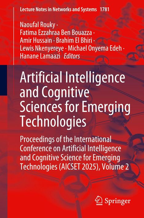 Titel: "Artificial Intelligence and Cognitive Sciences for Emerging Technologies." Rotes abstraktes Molekül-Design im Hintergrund.