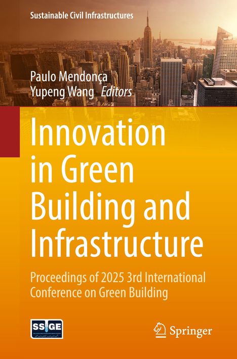 Titel: „Innovation in Green Building and Infrastructure“. Skyline einer Stadt im Hintergrund.