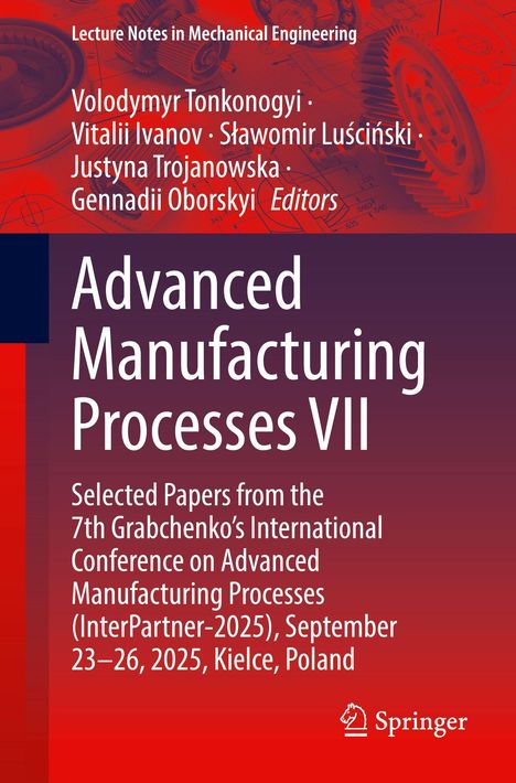Cover eines Buches über fortgeschrittene Fertigungsverfahren mit Konferenzdetails und rote Zahnräder im Hintergrund.