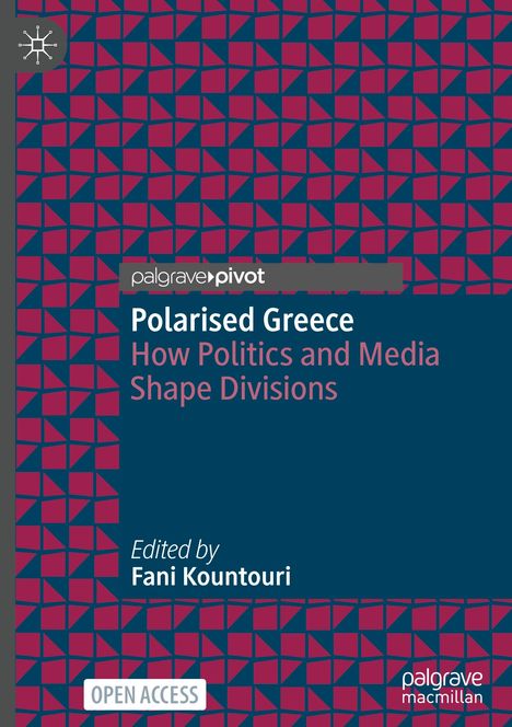 "Polarised Greece: How Politics and Media Shape Divisions" steht auf einem bunten geometrischen Muster.