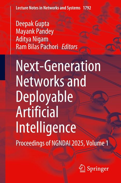 „Next-Generation Networks and Deployable Artificial Intelligence“, rote Hintergrundstruktur aus verbundenen Kugeln, Springer-Logo.