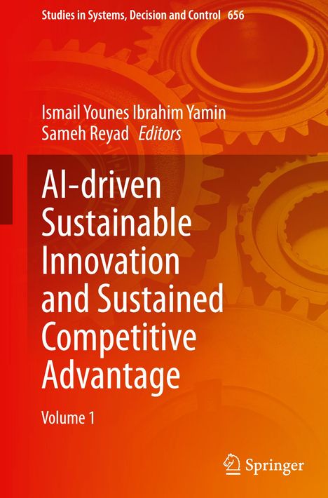 "AI-driven Sustainable Innovation and Sustained Competitive Advantage, Volume 1." Orange Hintergrund mit Zahnrädern.