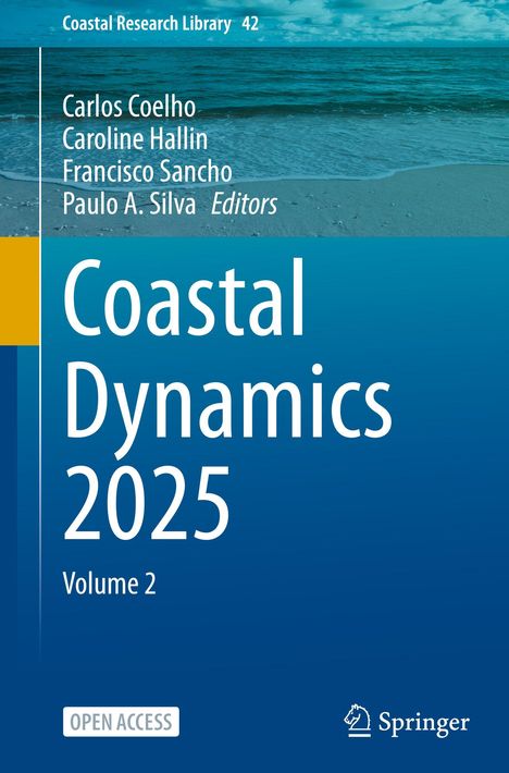 "Coastal Research Library 42". "Coastal Dynamics 2025", Band 2. Namen von Editoren. Meer und Strand im Hintergrund.