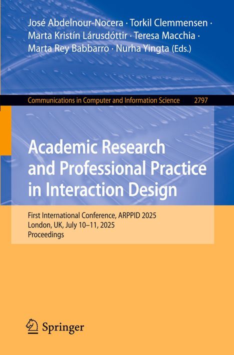 Buchtitel: "Academic Research and Professional Practice in Interaction Design." Gelb-blaues Cover mit Springer-Logo.