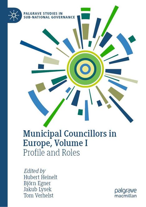 Text: "Municipal Councillors in Europe, Volume I: Profile and Roles." Bunte, kreisförmige Illustration mit Strahlen.