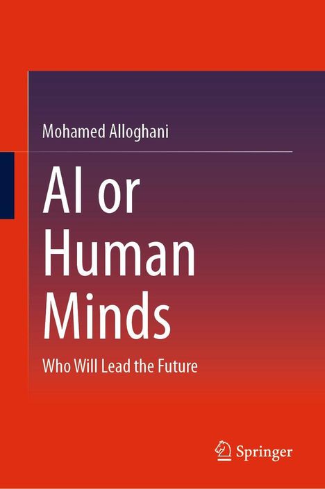 „Mohamed Alloghani: AI or Human Minds, Who Will Lead the Future.“ Farbverlauf in Rot-Orange mit Springer-Logo.