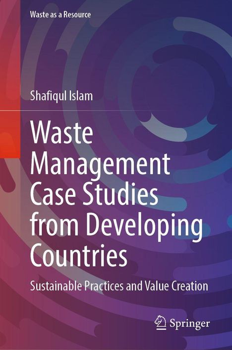 Titel: "Waste Management Case Studies from Developing Countries". Thema: Nachhaltige Praktiken. Bunte, abstrakte Muster.