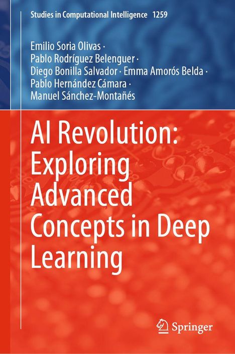Titel: "AI Revolution: Exploring Advanced Concepts in Deep Learning". Autoren: Emilio Soria Olivas u.a. Oben Blau, unten Rot.