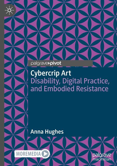 „Cybercrip Art: Disability, Digital Practice, and Embodied Resistance“ von Anna Hughes. Muster aus blauen Kreisen auf lila Hintergrund.